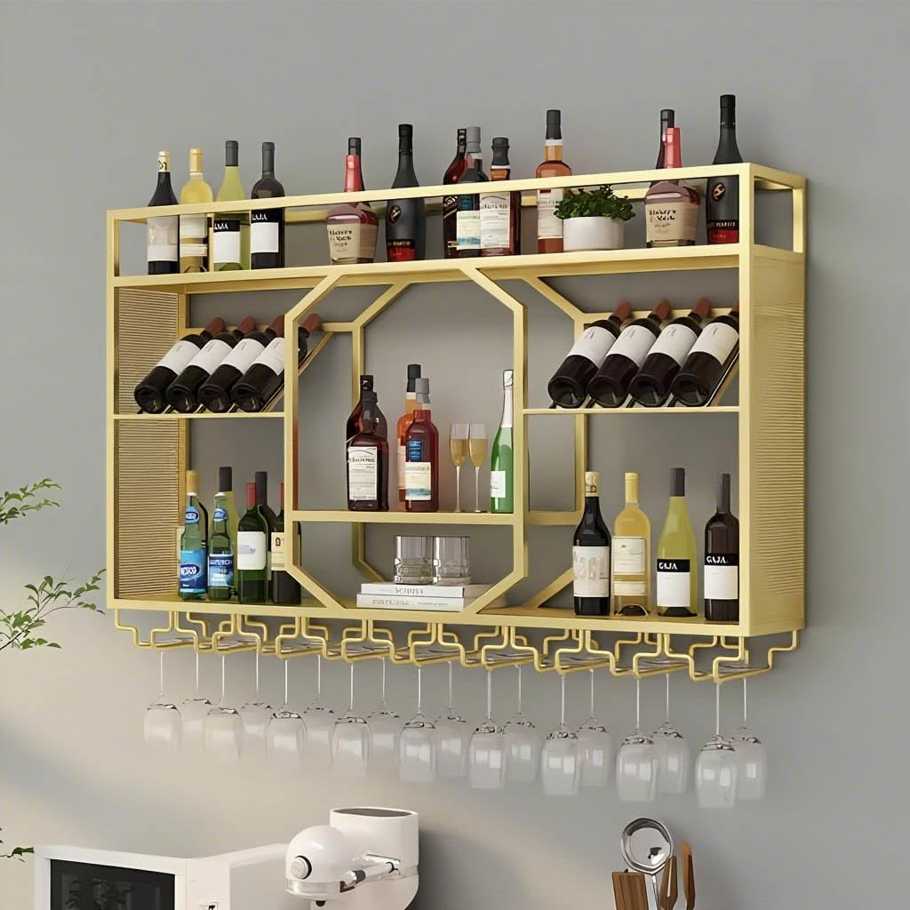 Wall Mounted Wine Rack, 3-Tiers Metal Bar Bottle Holder, Modern Wine Glass Storage Display Shelves, Wall Wine Rack for Kitchen Bar Dining Rooms Decoration ﻿ (Gold, 47.24in/120cm)
