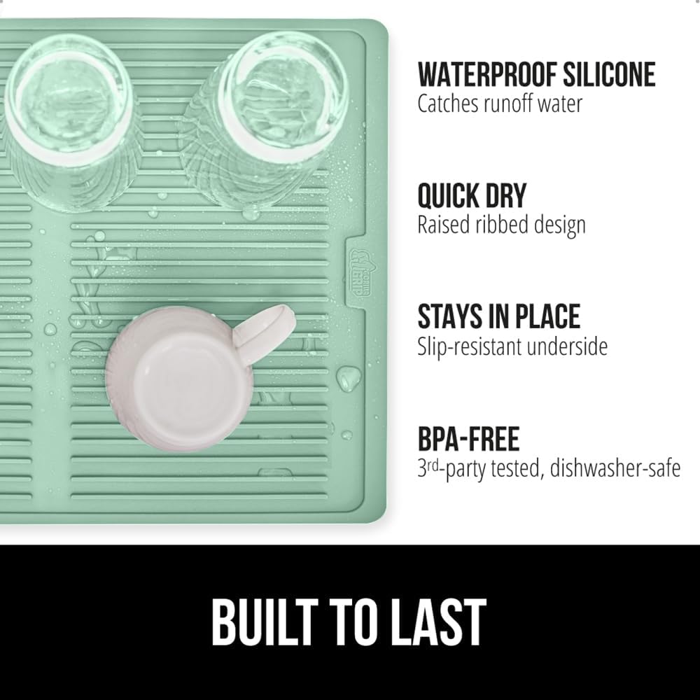 GORILLA GRIP 100% BPA-Free Patented Silicone Dish Drying Mat for Kitchen Counter, 18x16 Inch, Water Catching Ribbed Design, Easy Clean Waterproof Sink Liner, Heat Resistant, Fits Under Rack, Mint