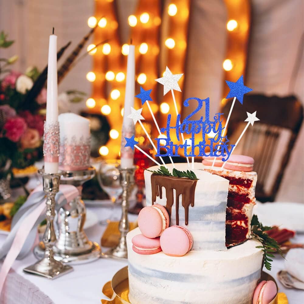 Glittery 21st Happy Birthday Cake Topper with Star,Personalised 21 Birthday Cake Toppers Party Decorations Party Supplies for Boys Girls Blue