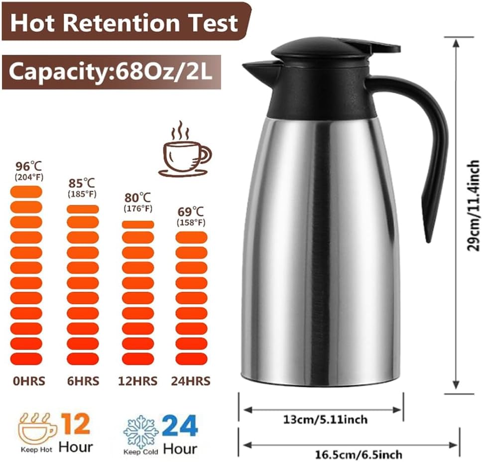 70 oz Thermal Coffee Carafe Stainless Steel, Insulated Coffee Carafe - Double Walled Vacuum Coffee Thermos Water Beverage Dispenser for Keeping12 Hour Hot/24 Hour Cold Water, Thermal carafe (Silver)