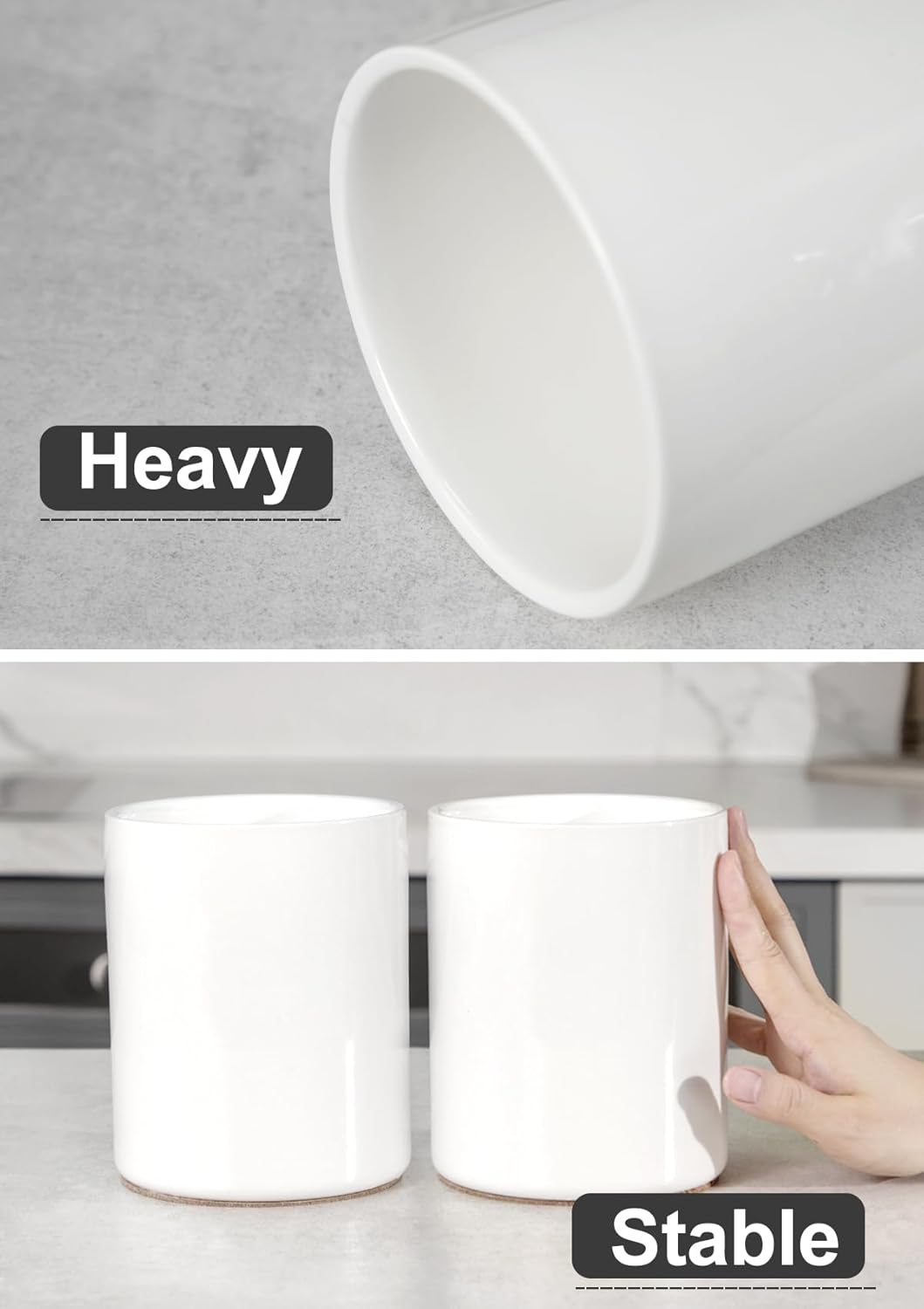 Nucookery Utensil Holder, 6.4" Ceramic Kitchen Utensil Holder with Countertop-Protection Cork Bottom, Farmhouse Kitchen Decor for Counter, Gift (White)