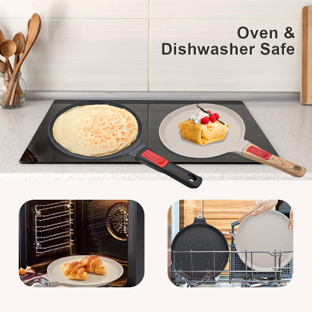 Non Stick Crepe Pan with Detachable Handle, 10 Inch Cast Aluminium Dosa Tawa Tortilla Pan, Pancake Pan Induction Compatible - Black