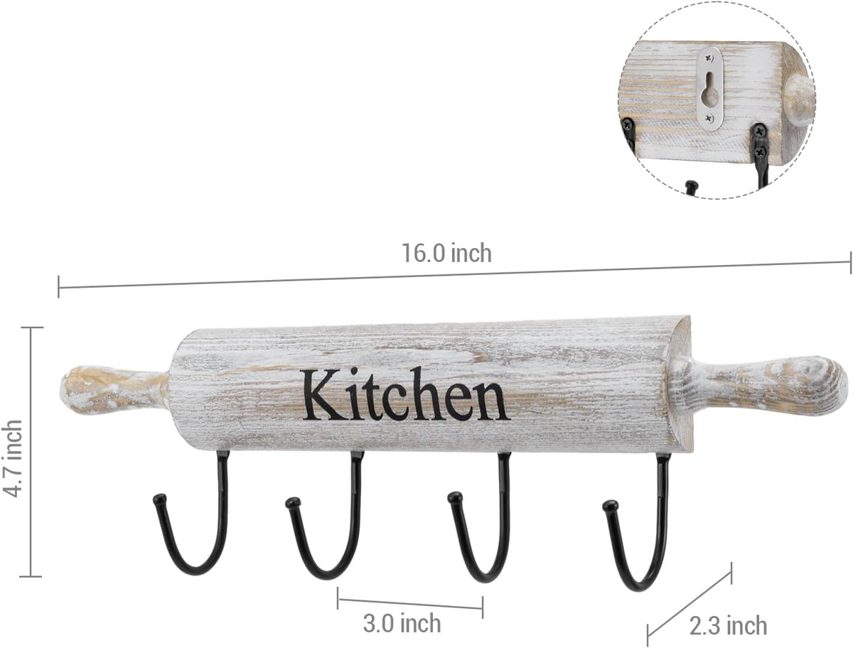 MyGift Wall Mounted Kitchen Utensil Rack, Rustic White Washed Wood Rolling Pin Cooking Tool Hanger with 4 Hooks for Aprons, Dish Towel, Mugs, Spoons
