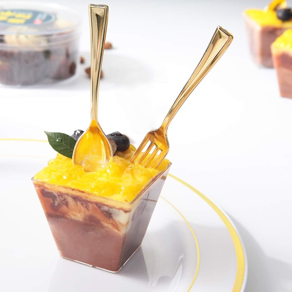 WDF Disposable Plastic Mini Forks 300 Pieces 4 Inches | Gold Plastic Forks | Heavy Duty Plastic Tasting Forks | Perfect for Small Appetizers and Desserts