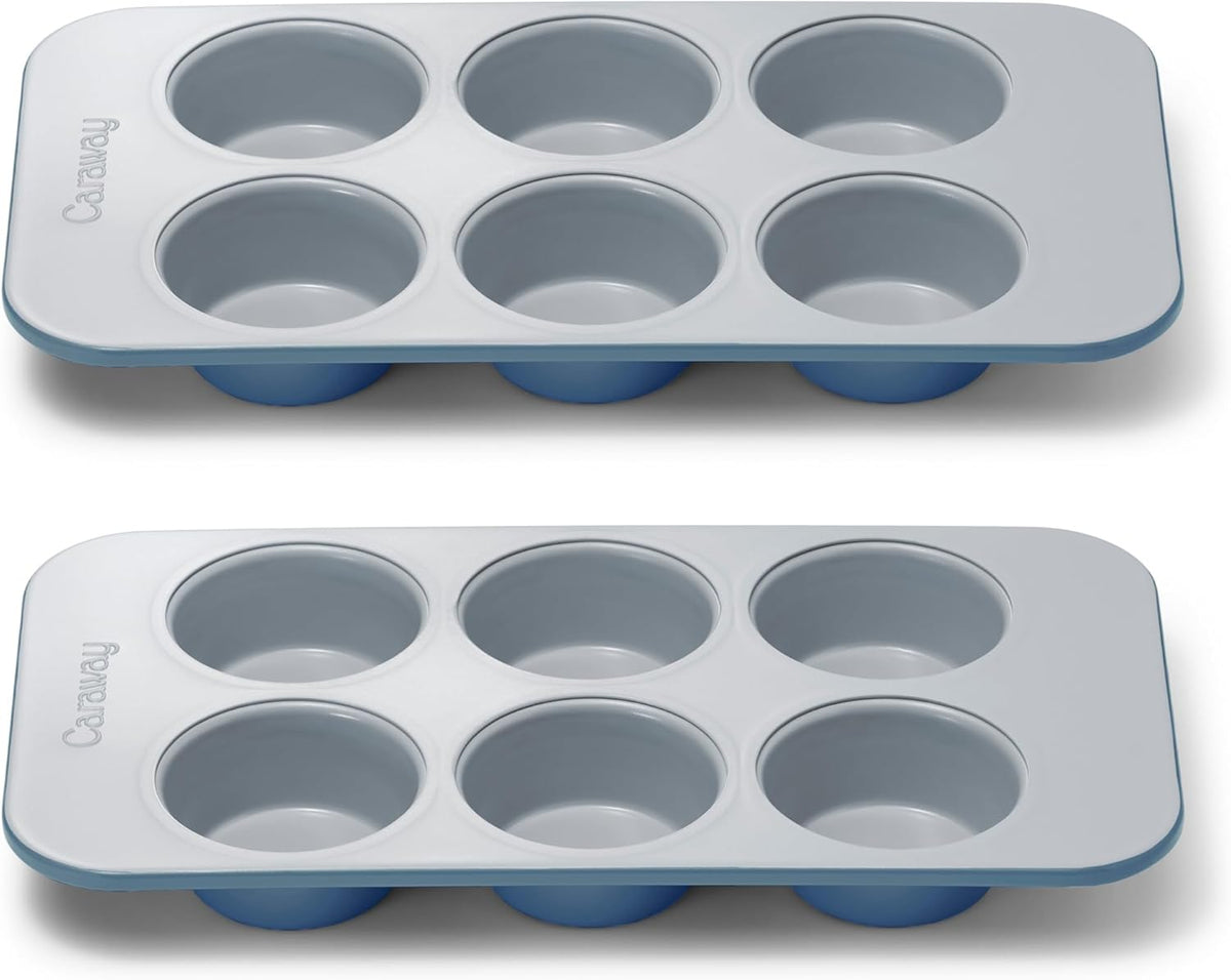 Caraway Nonstick Ceramic 6 Cup Muffin Pan Duo – Non-Toxic, PTFE & PFOA Free – Oven Safe – Aluminized Steel Core – Small Muffin Pan for Baking Cupcakes, Muffins & More - Slate