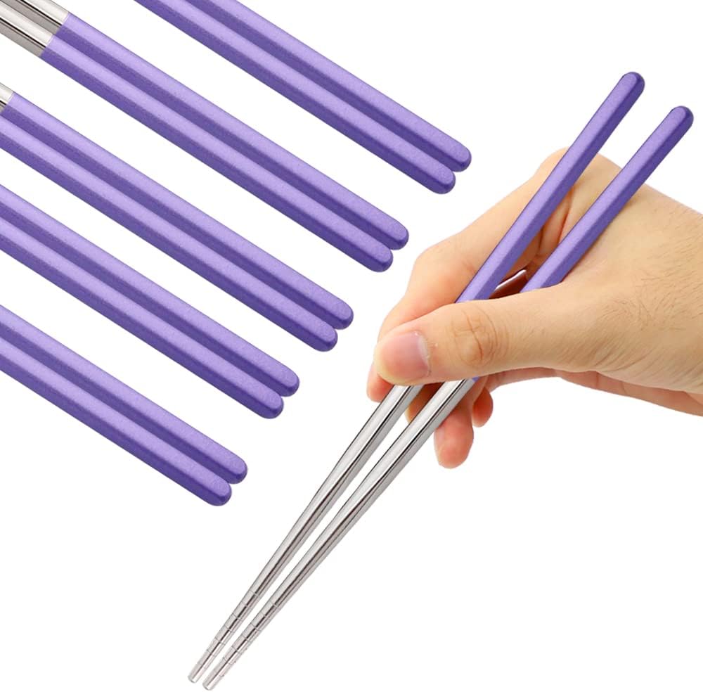 Stainless Steel Chopsticks Reusable Multicolor Lightweight 304 Metal Chopsticks Dishwasher Safe - 5 Pairs (Purple)