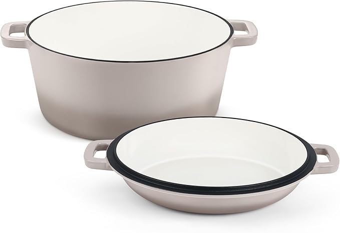TeamFar 5 Quart Dutch Oven, 2 In 1 Enameled Cast Iron Dutch Oven Pot Cookware with Skillet Lid, for Bread Baking Braising Stewing Roasting, Sturdy & Nonstick, Oven Safe & Fit for Induction (Khaki)