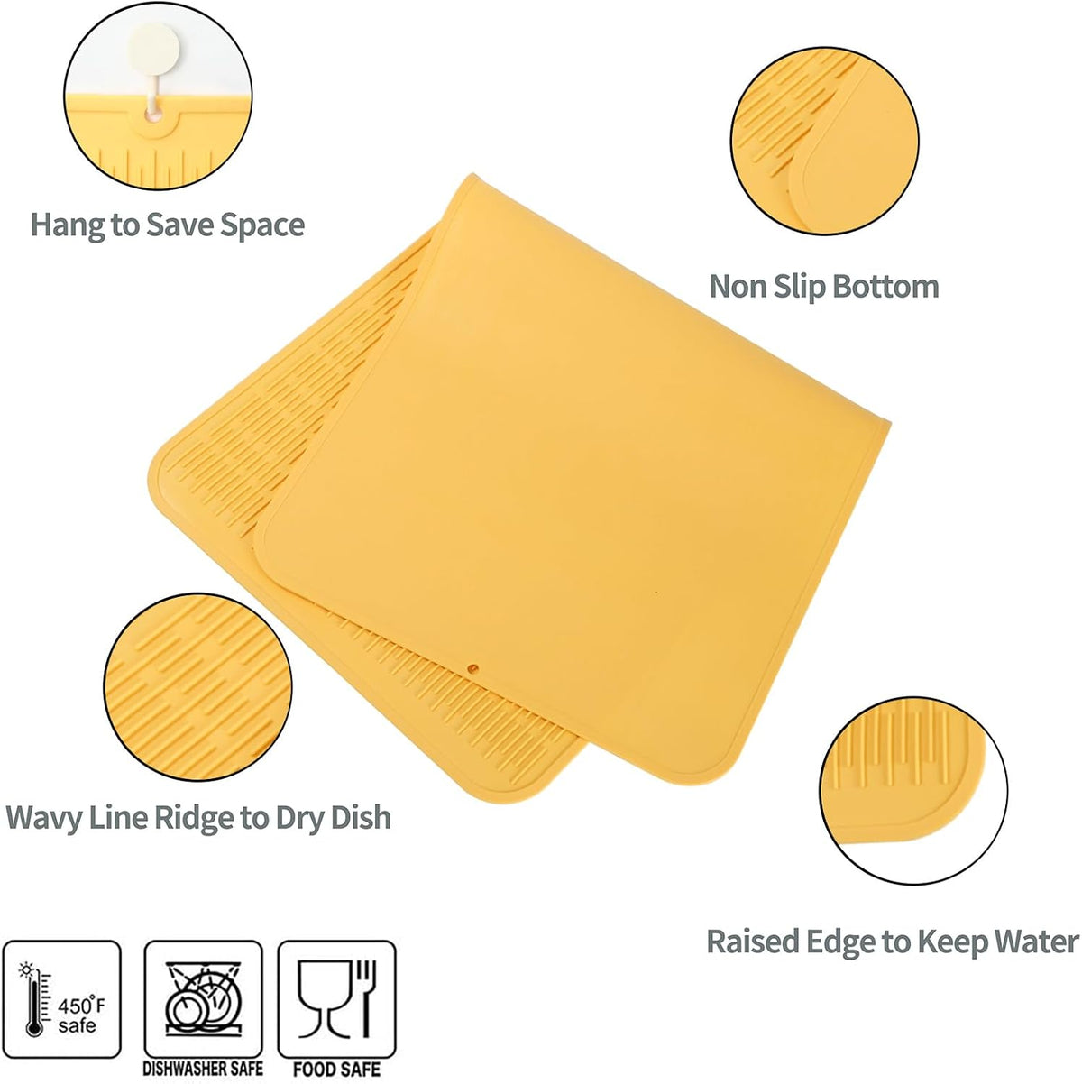 Silicone Dish Drying Mat for Multiple Usage,Easy clean,Eco-friendly,Heat-resistant Silicone Mat for Kitchen Counter or Sink,Refrigerator or Drawer Liner Yellow 5XL 36inches x 18inches