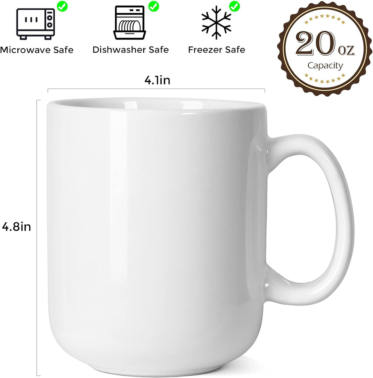 Smilatte 20 OZ Large Coffee Mug, M016 Plain Ceramic Boss Big Tea Cup with Handle for Dad Men, Set of 2, White