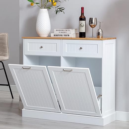 Gitua Double Tilt Out Trash Cabinet 20 Gallon, Freestanding Wooden Kitchen Trash Recycling Cabinet with Drawer & Removable Cutting Board, Dog Proof Trash Can Cabinet, White