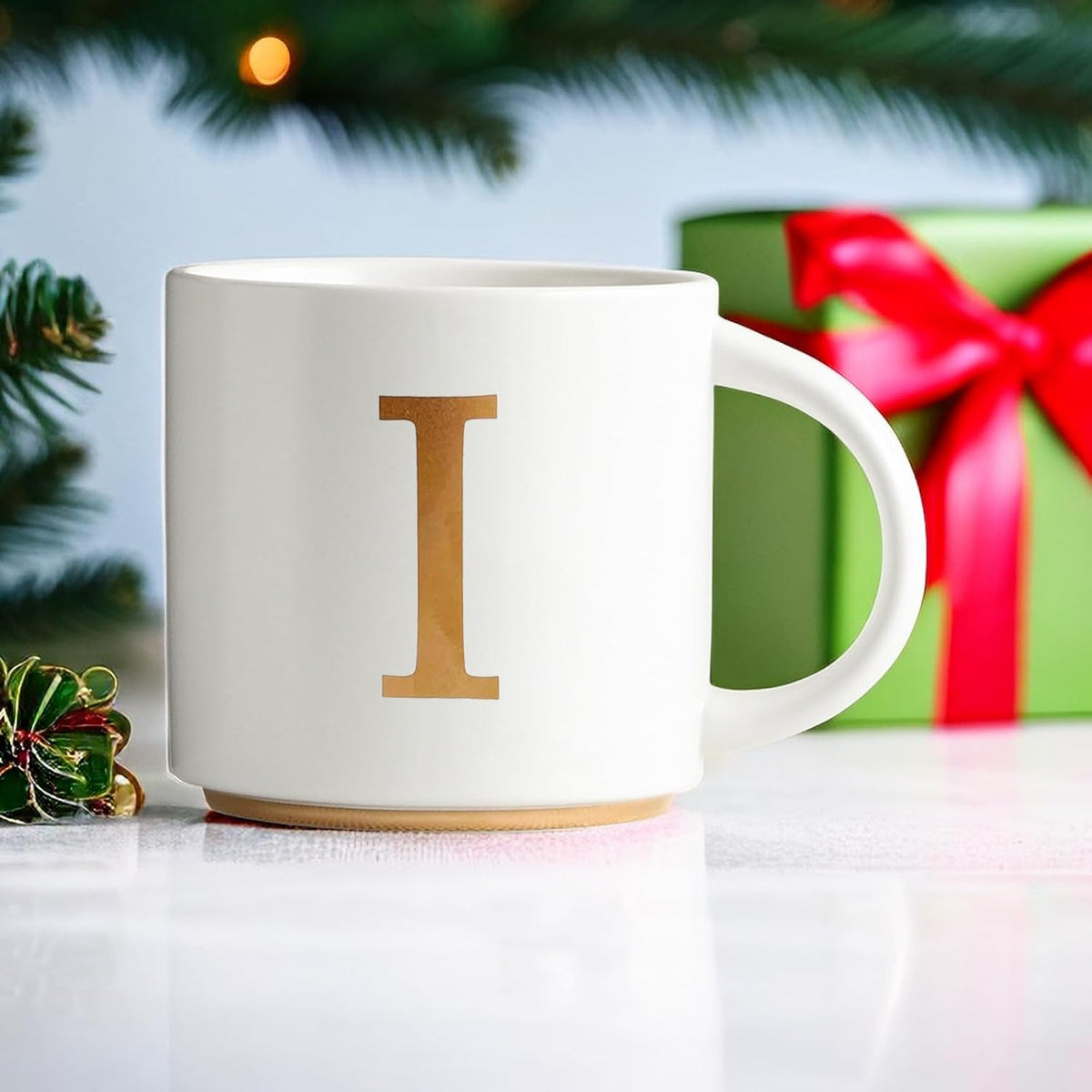 COLLECTIVE HOME - Monogram Ceramic Mugs, 15 oz Golden Initial Coffee Cups, Elegant Alphabet Tea Mugs, Elegant Personalized Mug with Gift Box, Unique Mug with Double Side Capital Letter (I)
