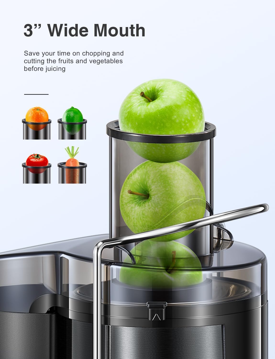 QCen Juicer Machine, 500W Centrifugal Juicer Extractor with Wide Mouth 3” Feed Chute for Fruit Vegetable, Easy to Clean, Stainless Steel, BPA-free (Metallic Black)
