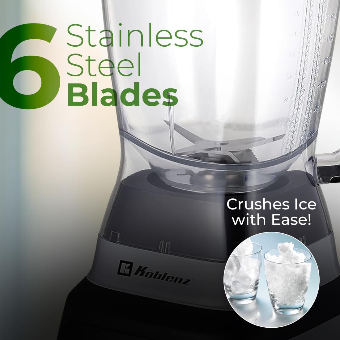 Koblenz Professional Blender, Countertop Blender for Shakes and Smoothies with 3 Speeds, 1200-W Motor, 68 Oz. Capacity, Super Silent Operation, Includes Tamper Accessory, Black/Chrome, LKM-9406