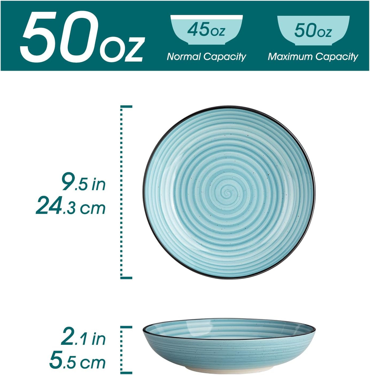 vancasso Bonbon Large Pasta Bowls Set of 6, 50 Oz Ceramic Salad Bowls, Wide and Shallow Bowls Set, Large Serving Bowls for Kitchen, Blue