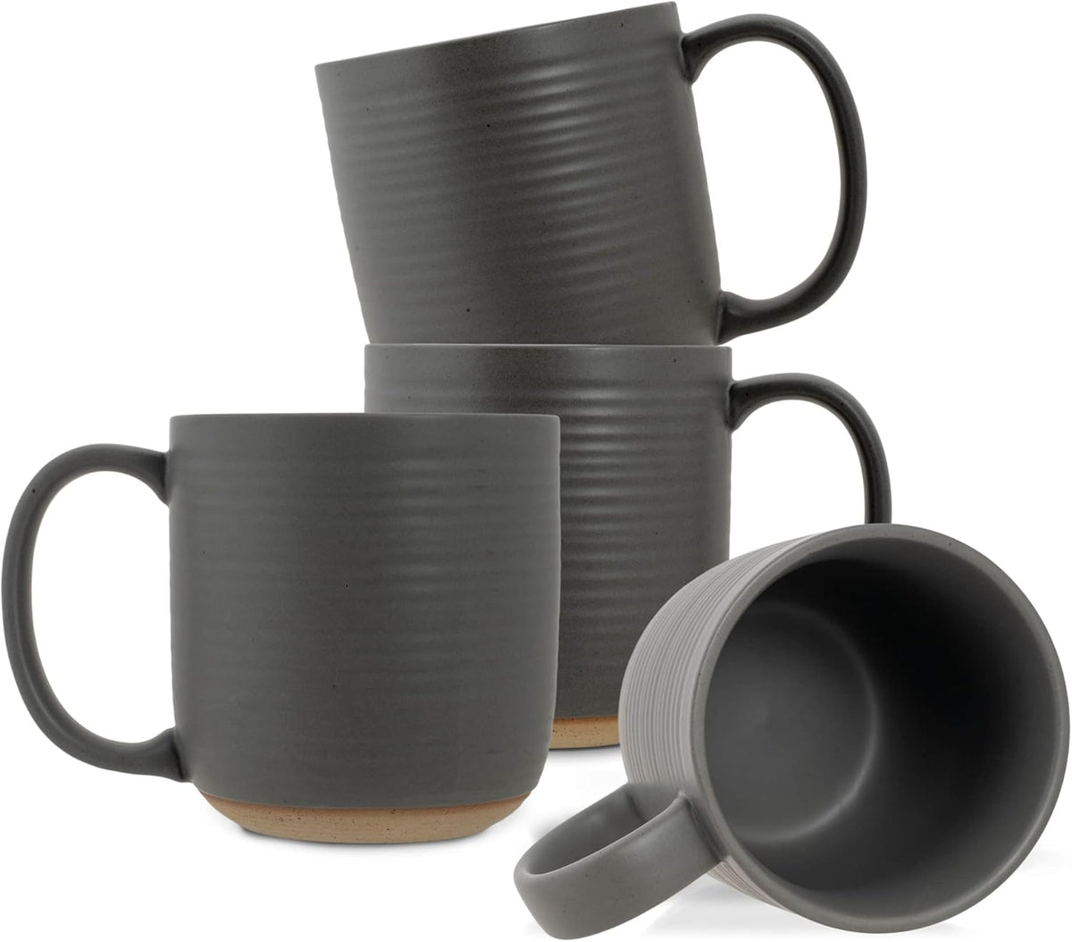 Elanze Designs Ribbed Ceramic Stoneware 16 ounce Raw Clay Bottom Coffee Mugs Set of 4, Grey