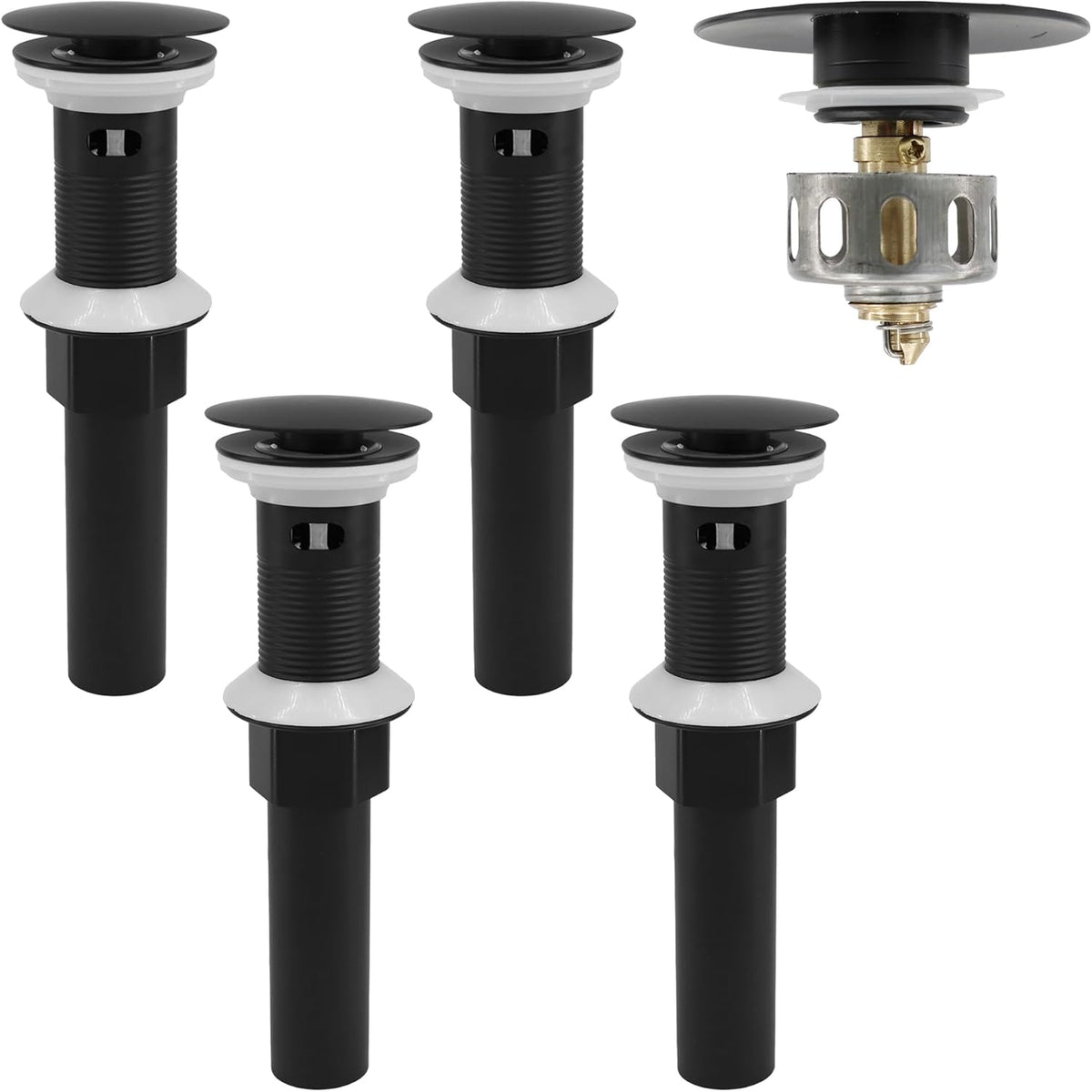 Bathroom Sink Drain,4 Pack Drain Stopper with Overflow,Pop Up Drain Assembly with Detachable Strainer Basket,Built-in Anti-Clogging, Stainless Steel Nut Mattle Black