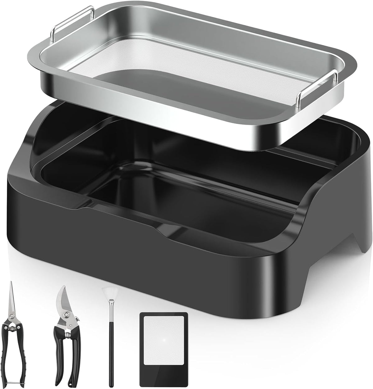 Trim Tray with Replaceable 150 Micron Mesh Screen – Includes 2 Precision Scissors, Static Brush & Magnifying Glass – Sifting Tray for Fine Particle Sorting & Small Items
