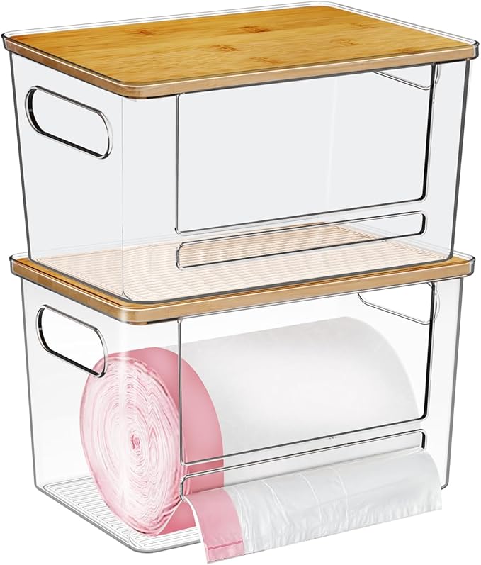 Trash Bag Dispenser 2 Pack, Acrylic Garbage Bags Dispenser with Bamboo Top, Extra Large Trash Bag Holder Dispensers Under Sink for Kitchen, Cabinet, Laundry Room, Pantry Organizer and Storage