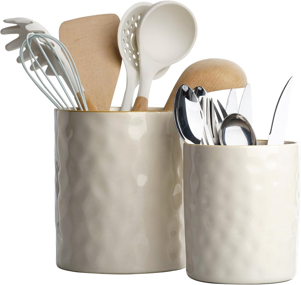 famiware Ocean Utensil Holder, 7.2"+5.8" Ceramic Kitchen Utensil Holder for Countertop, Cooking Utensil Crocks, Utensil Organizer for Spatula & Spoon, Kitchen Decor, Set of 2, Vanilla White