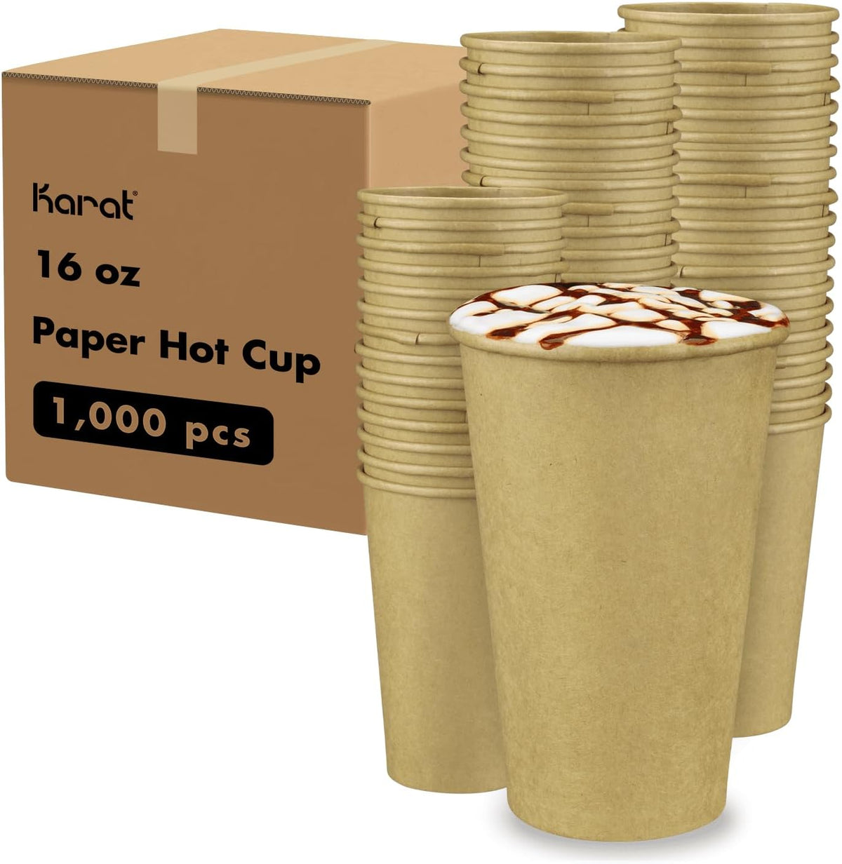 Karat 16z Kraft Paper Coffee Cups [1,000 ct] Disposable, Leak-Resistant Double Poly-Lined Hot Cups | Ideal for Cafes & Offices, 90mm