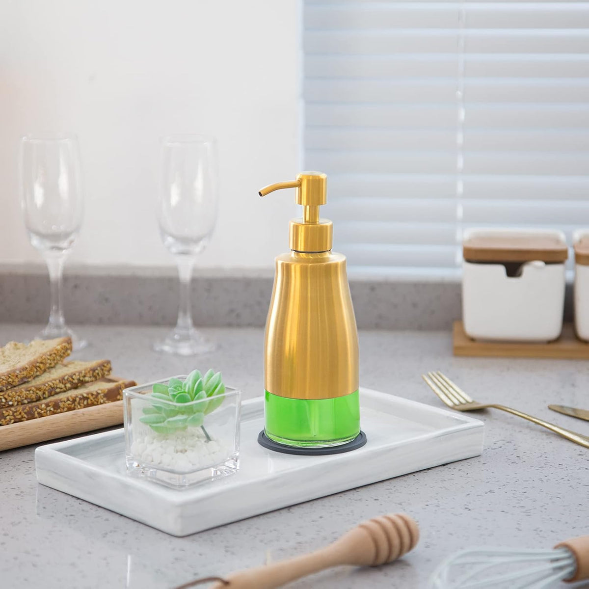 Soap Dispenser with Coaster and Stickers, Brushed Gold Stainless Steel Glass Hand Pump Dispenser, Anti Rust Bottle, for Kitchen & Bathroom Detergent Bottle，Refillable Hand Liquid Dispenser