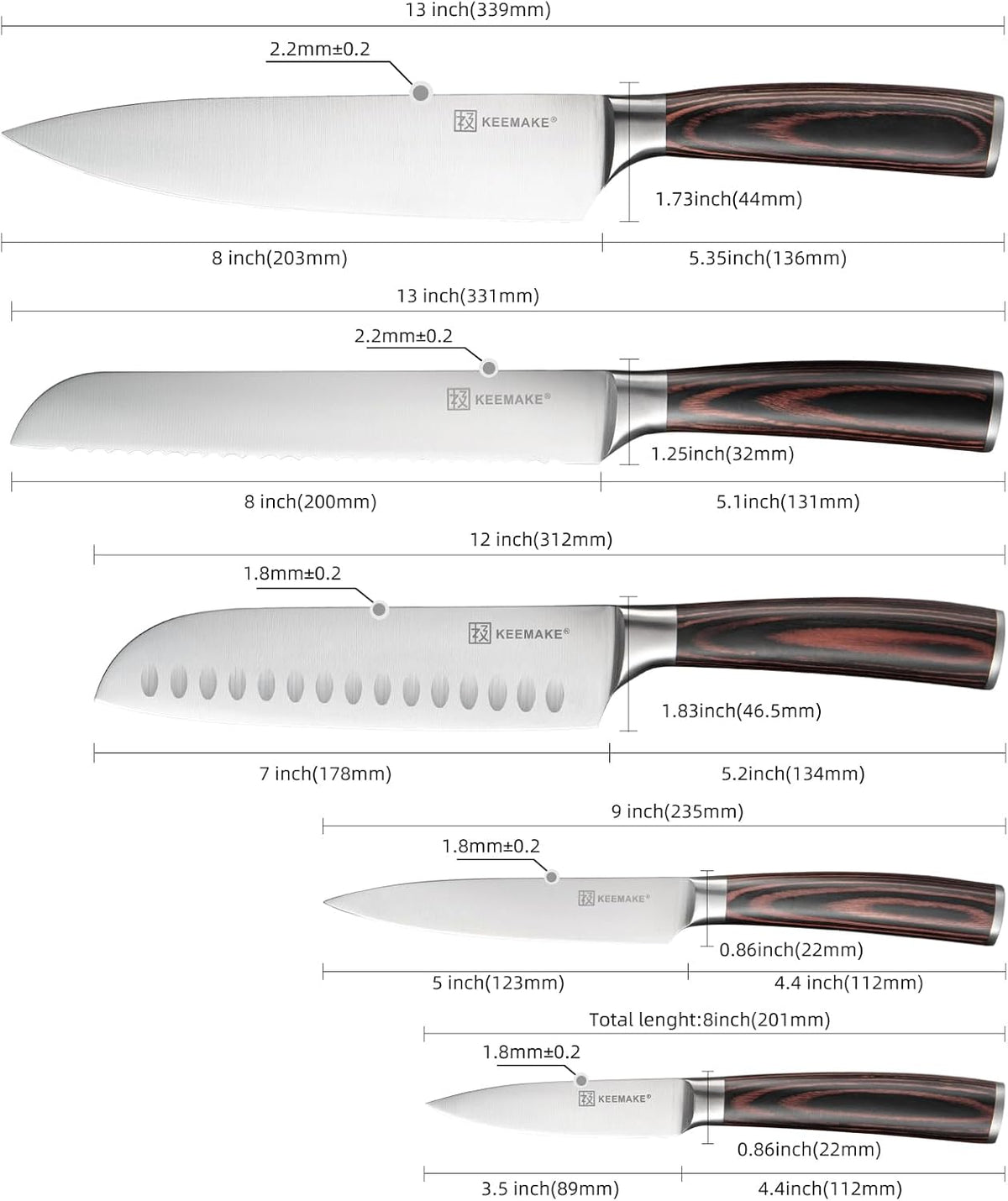KEEMAKE Kitchen Knife Set of 5 - Kitchen Knives 1.4116 High Carbon Stainless Steel Blade, Professional Chef Knife Set, Razor Sharp Knives with Ergonomic Pakkawood Handle for Home Cooking