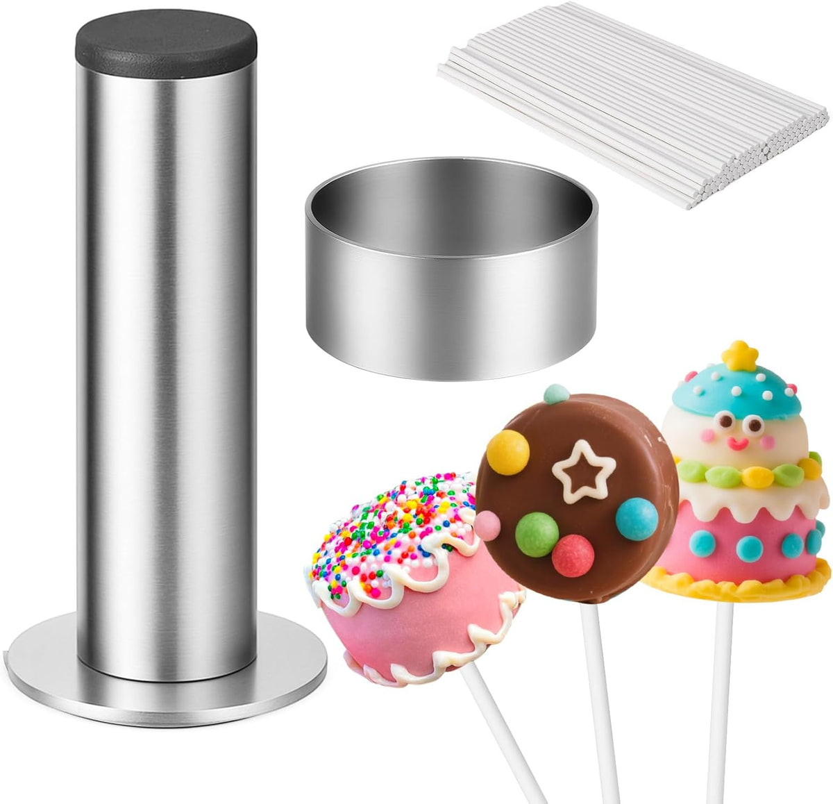 Juome Circle Cake Pop Mold Kit, Round Cake Pop Cutter and Pusher Cake Pop Maker with Sticks, Cake Pop Supplies Accessories, Baking Tools for Home Baking Desserts