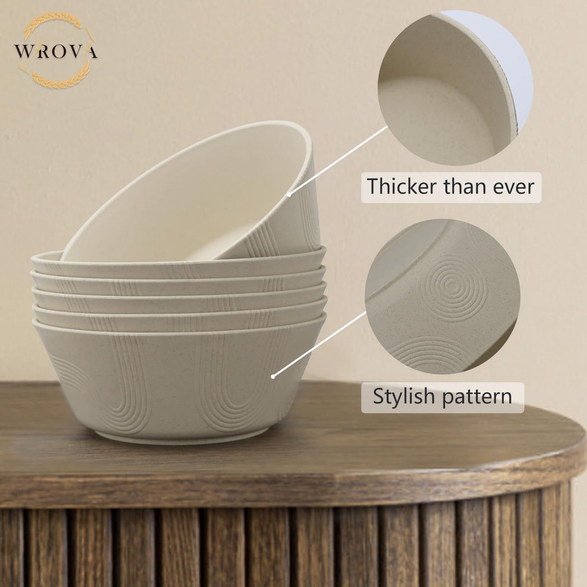 Wheat Straw Bowl Sets with Textured Pattern,6 PCS Unbreakable Cereal Bowl 36 OZ,Microwave and Dishwasher Safe Bowls,Soup Bowl Sets BPA Free for Salad (Beige