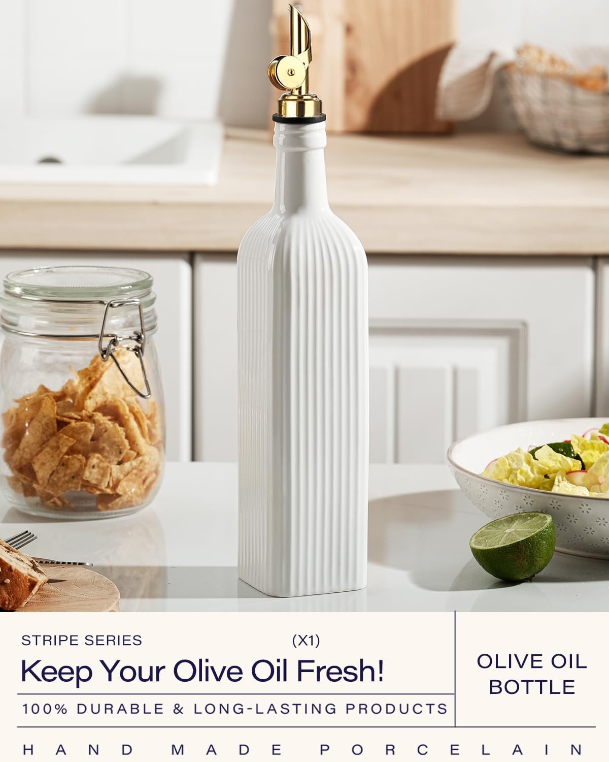getstar 18 oz Olive Oil Dispenser Bottle for Kitchen, Ceramic Oil Bottle with Automatic Stainless Steel Pourer (Golden Pourer)