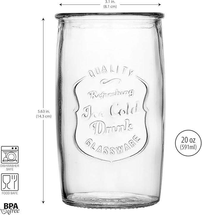 Glaver's Set of 8 Highball Glass Cups 20 OZ Stemless Tall Drinking Glasses For Everyday Use, Vintage Ice Cold Logo Tumbler Glassware for Bar, Juice, Cocktails, Beer, Water glasses.
