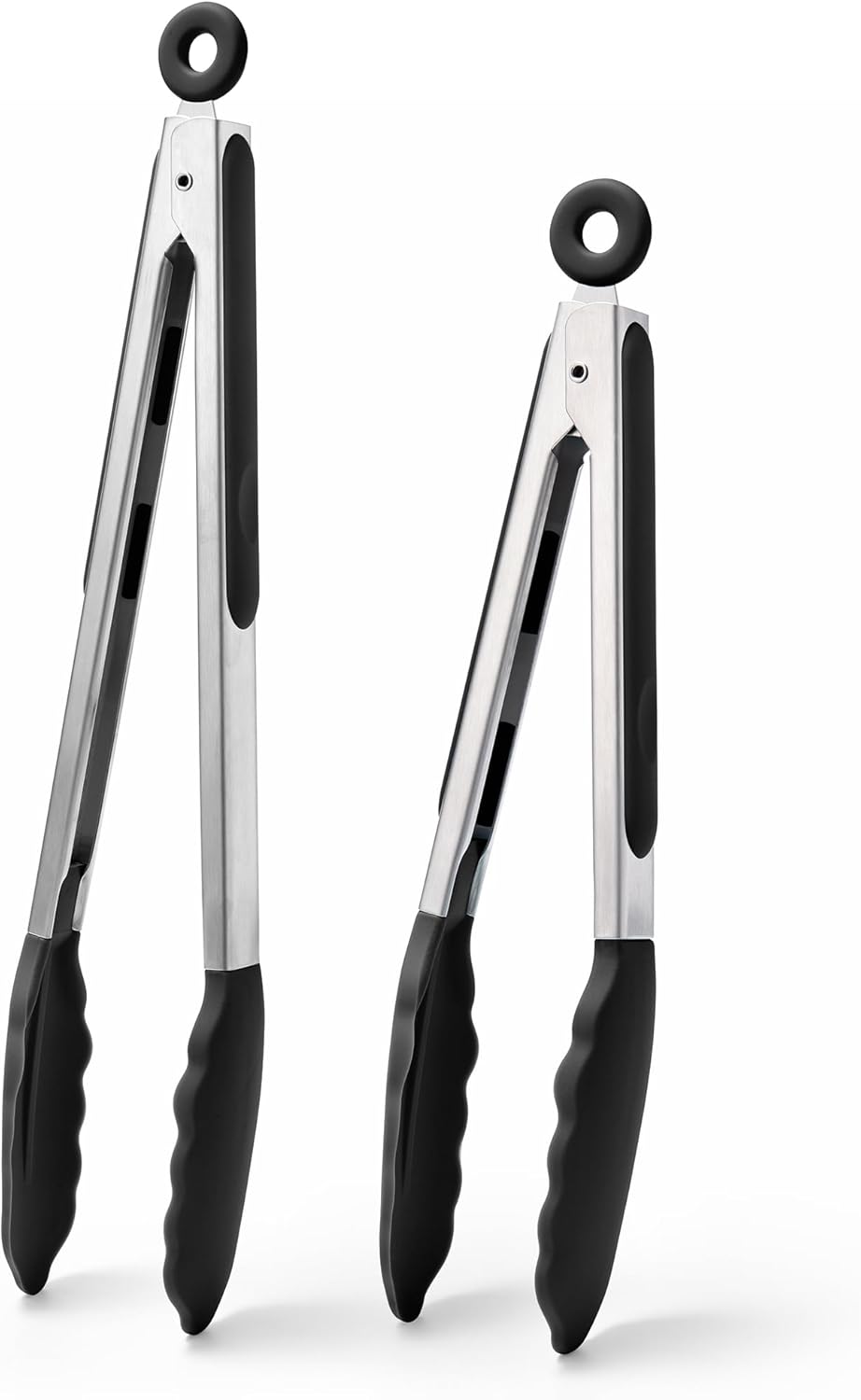 Doosu Kitchen Tongs for Cooking - 600°F Heat Resistant Food Tong Set with Non-Scratch Silicone Tips, Heavy Duty Stainless Steel Locking Tong for BBQ, Grilling Steak, Serving Salad (9+12in, Black)