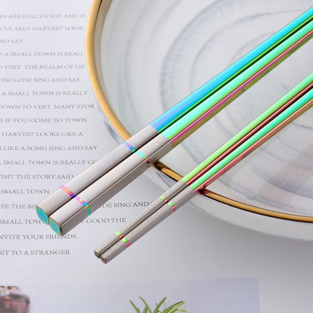 Buyer Star 5-Pair Stainless Steel Metal Reusable Rainbow Chinese Square Chopsticks