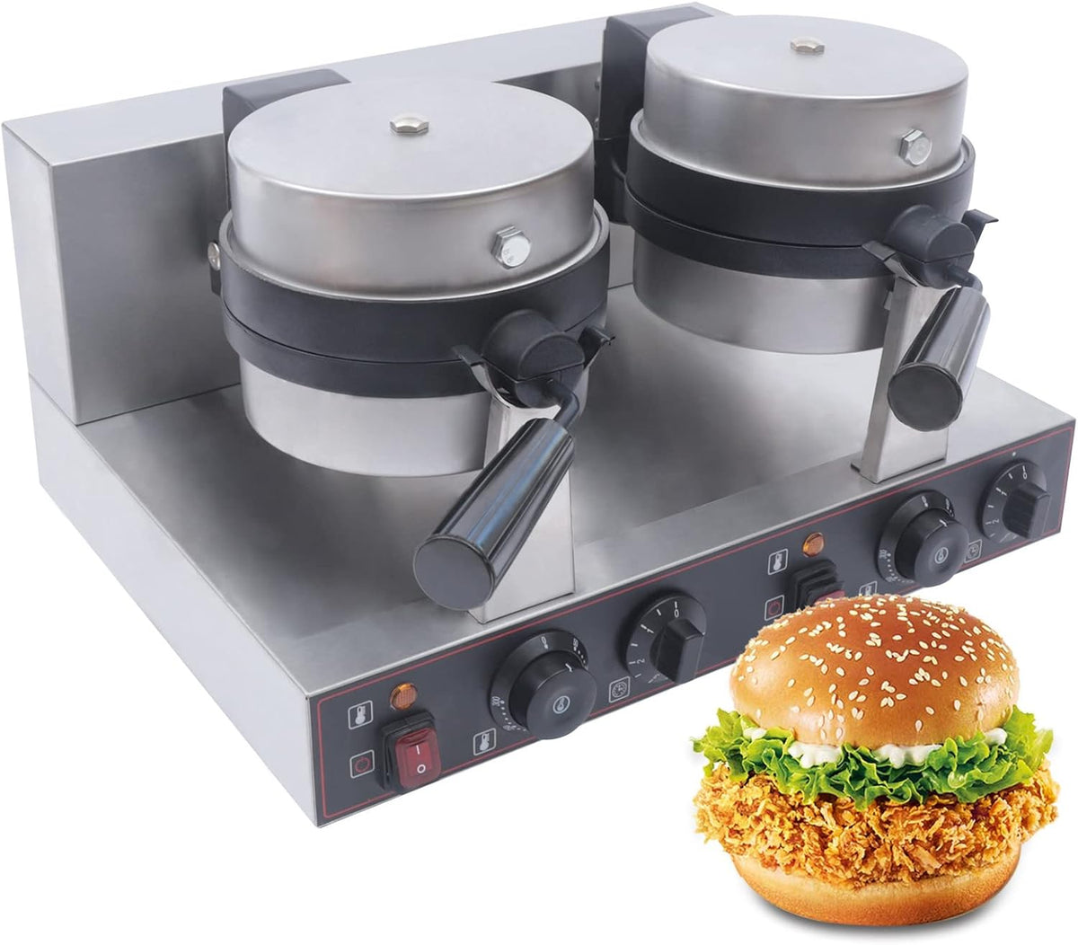 Commercial Electric Burger Waffle Maker Machine, Non Stick Panini Hamburger Press Machine Stainless Steel Ice Cream Burger Baker for Waffles, Paninis Household Hamburger Maker 2400W (Double)