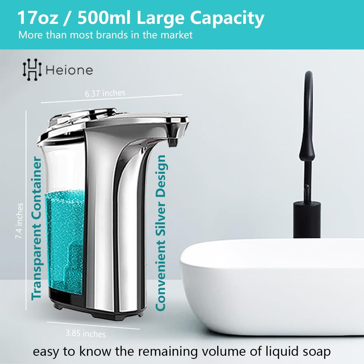 Automatic Soap Dispenser, Touchless, 17oz / 500L, Infrared Motion Sensor, 5 Adjustable Liquid Levels, Large Capacity, Suitable for Hands, Bathroom, Sinks, Office, Kitchen, Wall Mount or Countertop.