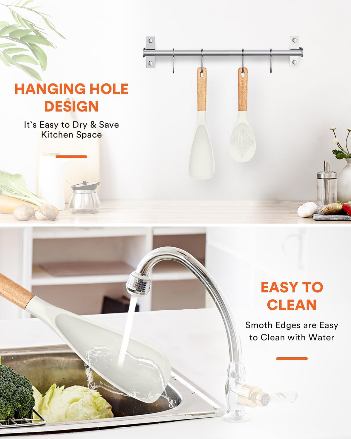 Cooking Spoon and Rice Scooper for Nonstick Cookwares, Great for Cooking and Serving Sturdy BPA-Free Matte Silicone, Wood Handle Spoon for Mixing, Scoop, and Scrape (WHITE)