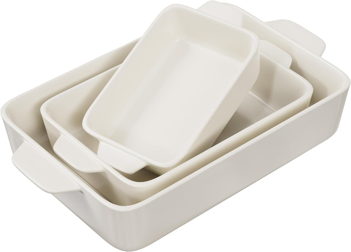 Kook Casserole Dish, Ceramic Baking Dish, Large Lasagna Pan Deep for Oven, 8.5 x 14, 11 x 7, 8 x 5, Set of 3, 92oz, 50oz, 20oz, Baking Pan with Handles, Oven Safe and Durable, Home, Gift, (Cream)