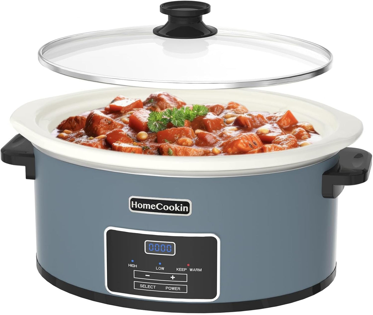 HOMECOOKIN 6-Quart Programmable Slow Cooker with Timer - Small Kitchen Appliance for Family Dinners - Serves 6+ People - Heat Settings: Keep Warm(Blue)