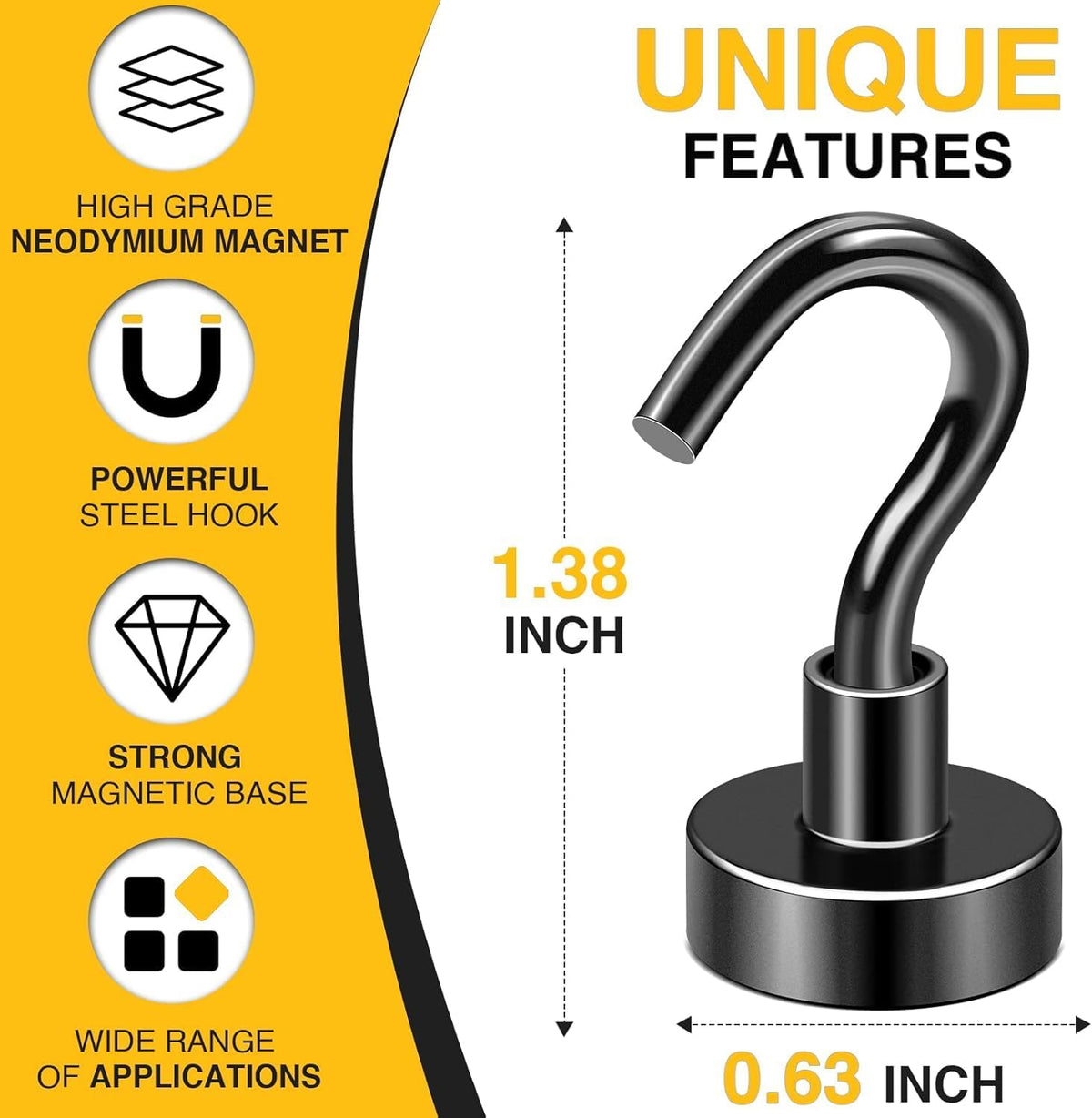 DIYMAG Hooks for Hanging String Lights, Black Magnetic Hooks 30lbs+ Magnet Hook 2025 Cruise Cabin Ship Essentials Heavy Duty Strong Magnets Refrigerator Fridge Classroom Kitchen Grills Home 3PCS
