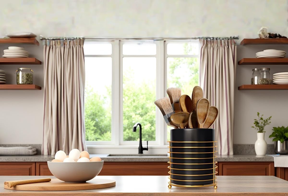 Dining Utensil Holder Cooking Utensil Holder,Gold Ring Metal Frame and Black Ceramics