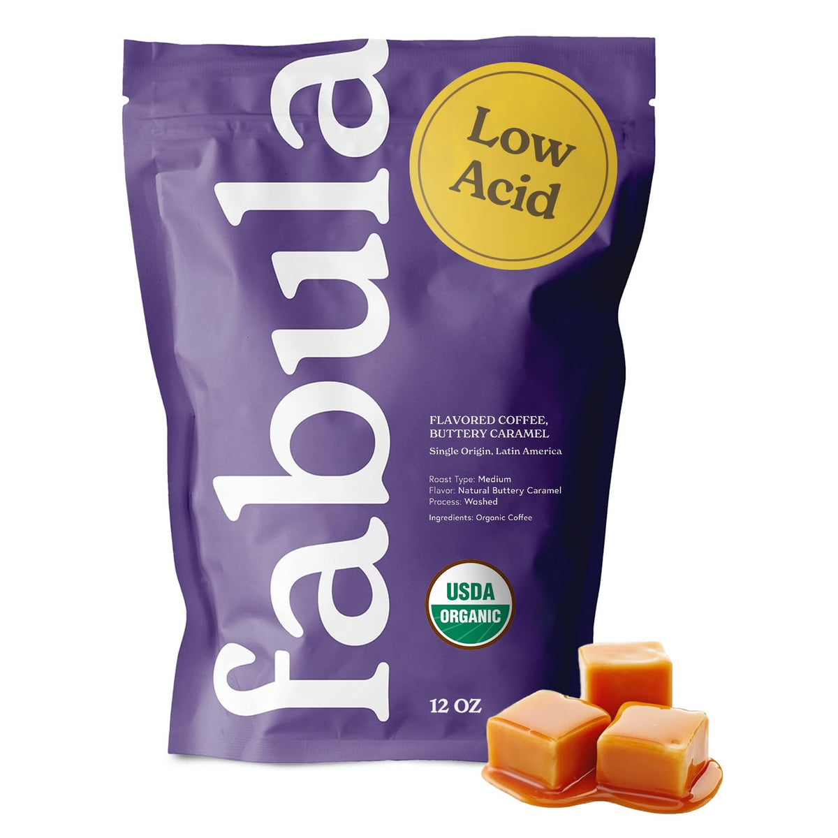 Fabula Buttery Caramel Flavored Organic Coffee Freshly Ground - Organic - Low Acid - Single Origin - Non-GMO - Mold Free - 12 Ounces