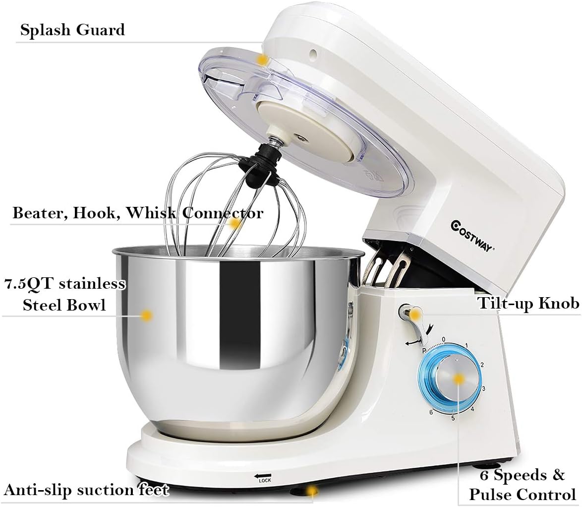 COSTWAY Stand Mixer, 7.5-Quart 660W 6-Speed Electric Mixer with Stainless Steel Bowl, Tilt-head Food Mixer with Dough Hook, Beater, Whisk (White)