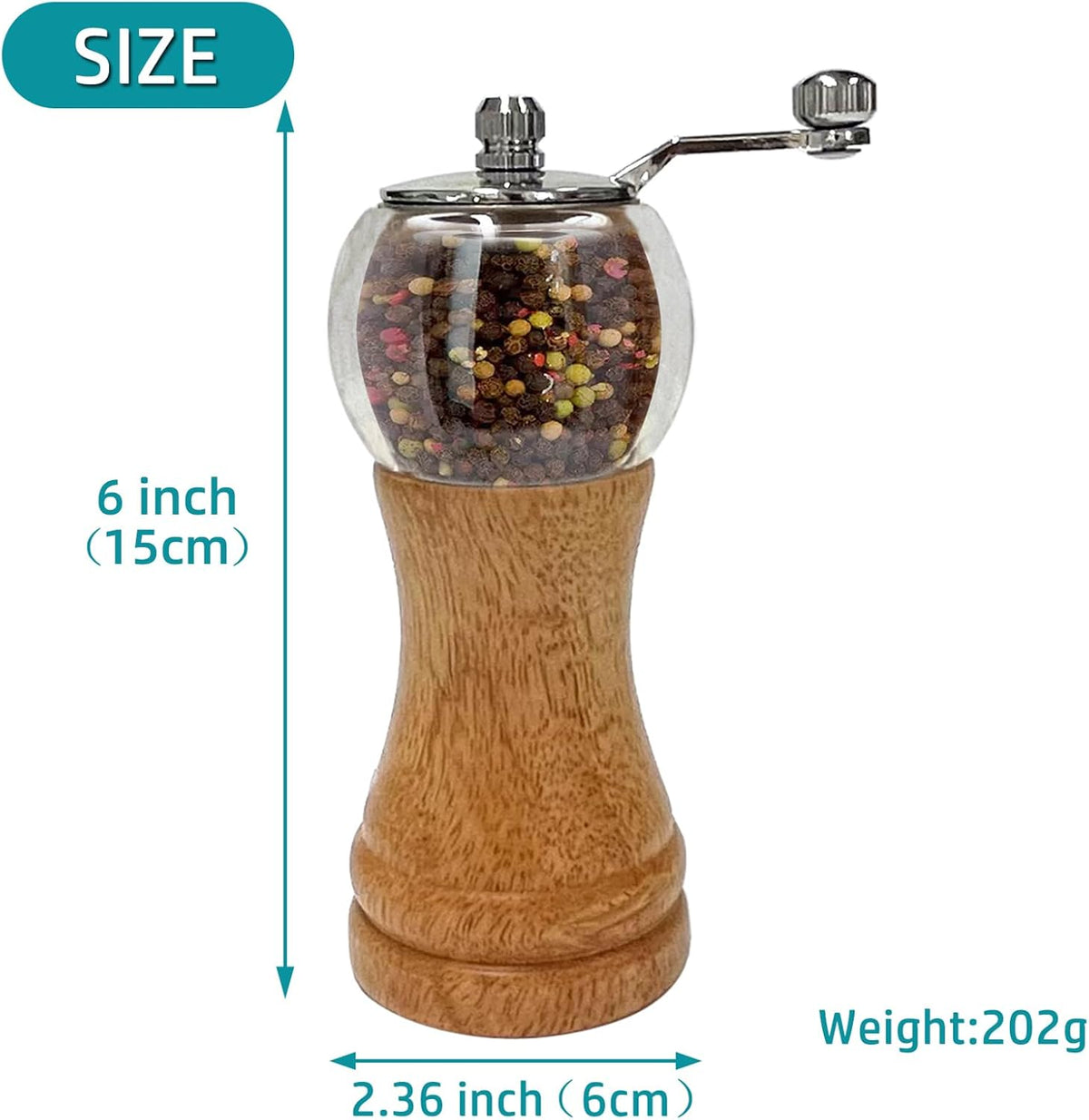 Pepper Mill Manual Pepper Grinder Set, Classical Hand Shake Wooden Pepper Mills Set Salt Mills Ceramic Core Grinding Metal Handle, Enjoy Fresh Ground Pepper Sea Salt Various Spices