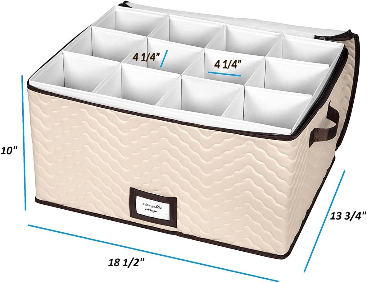 Wine Glass Storage Boxes with Dividers - Each Holds 12 Glasses up to 4.25" Wide - Quilted Microfiber Case with Handles - Protects Stemware & Fine China - Ideal for Red Wine