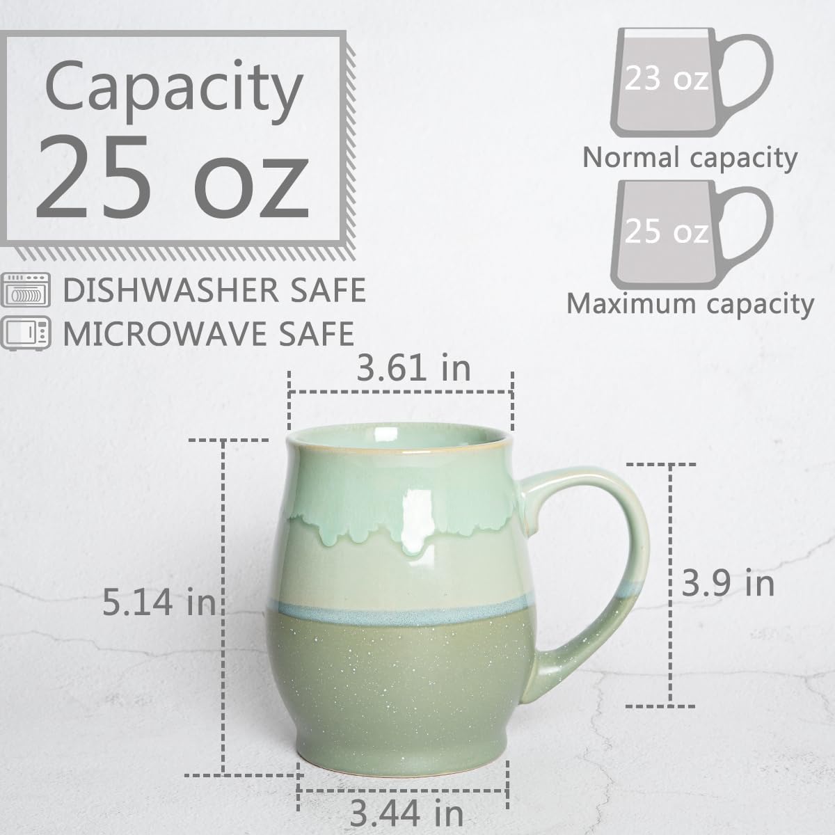 Bosmarlin Extra Large Ceramic Coffee Mug, 25 Oz, Dishwasher and Microwave Safe, Oversized Big Tea Cup for Office and Home, Reactive Glaze (Green)