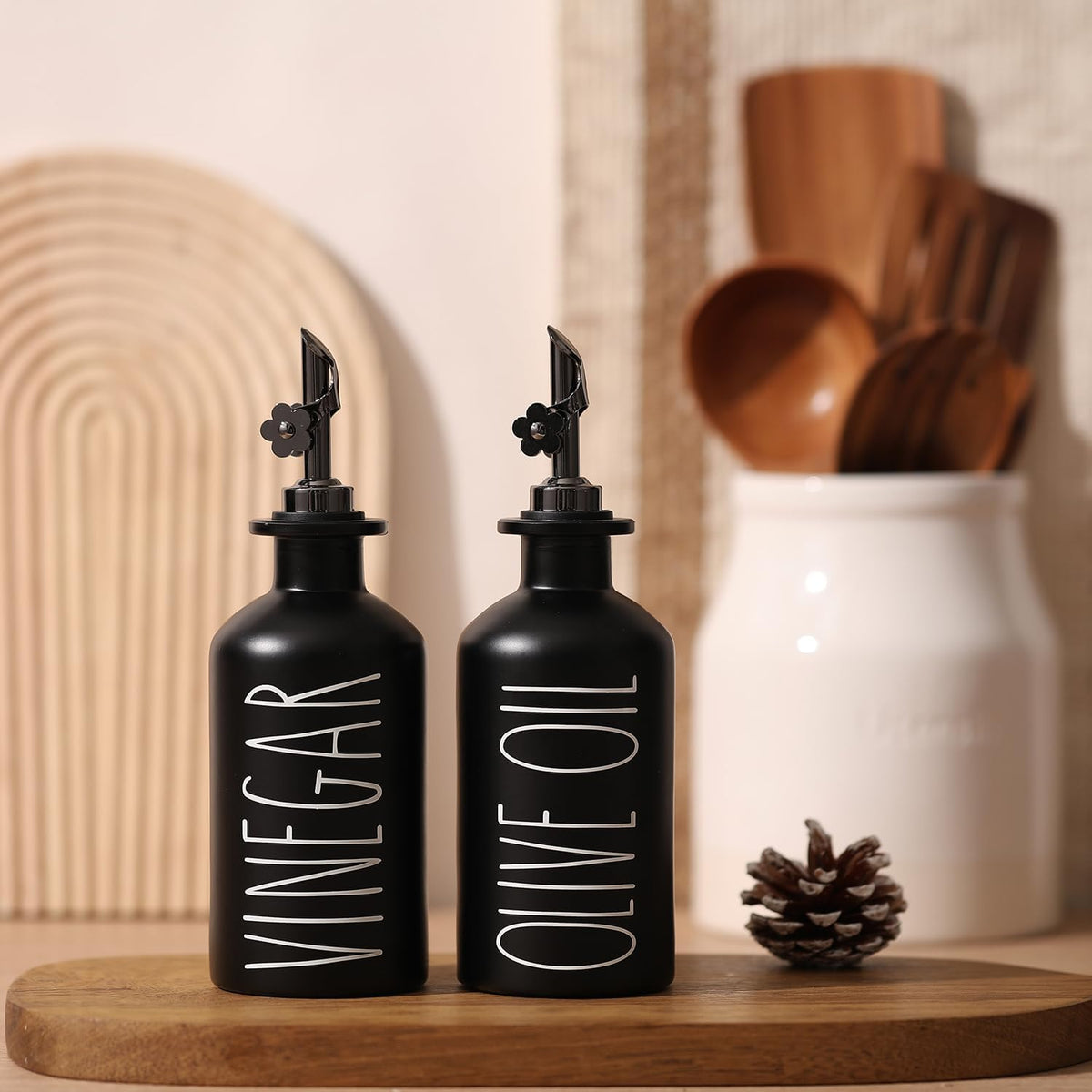 HOMCDALY Premium Olive Oil Dispenser for Kitchen, 11.8oz Glass Oil Bottles with Bamboo Tray, Black Oil&Vinegar Cruet Set, Kitchen Dispenser Bottles with Pourer | Set of 2 (11.8oz –P–Black)
