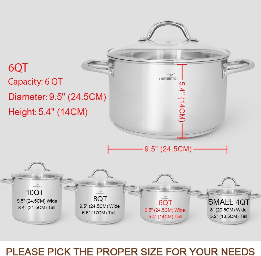HOMICHEF Stock Pot 6 Quart Nickel Free Stainless Steel - 6 Qt Soup Pot With Lid and Handle - Small Cooking Pot 6 Quart - Ideal for Soup, Sauce, and Induction Cooking