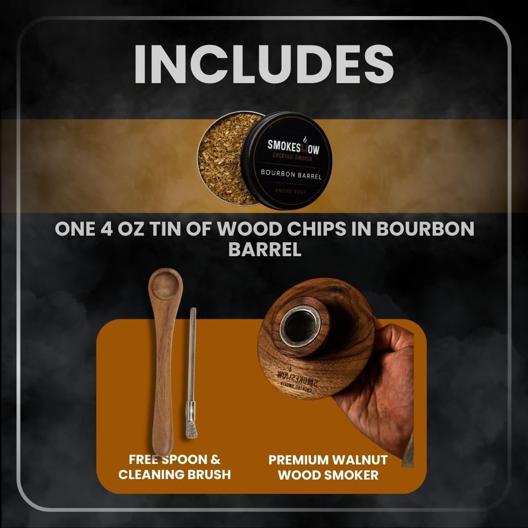 Premium Walnut Wood Cocktail Smoker with One 4 oz tin. Great for Whiskey & Old Fashion. Coated in Safe Food Natural Beeswax, Non-toxic Top by Smokeshow (Bourbon Soaked Oak)