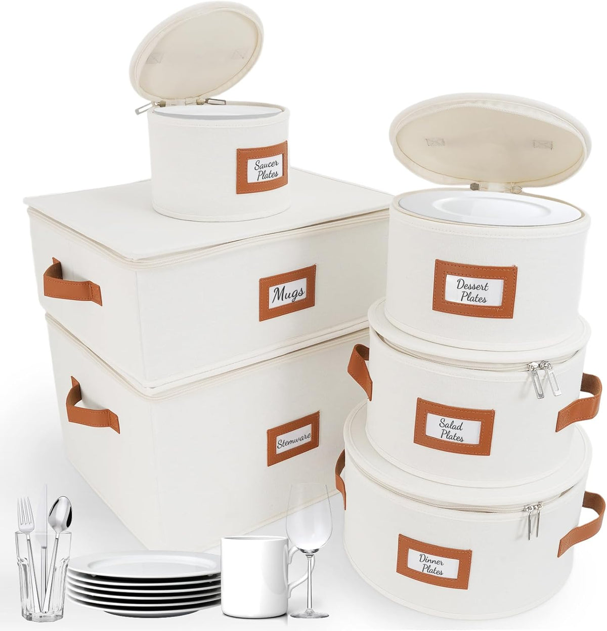 HOMELUX THEORY Hard Shell China Storage Containers, 6pc Ivory Mug & Plate Storage Box, Kitchen Storage Bins With Lids, Heavy Duty Moving Box with Handles for Dishes, Glassware, Stemware, Cup & Mug