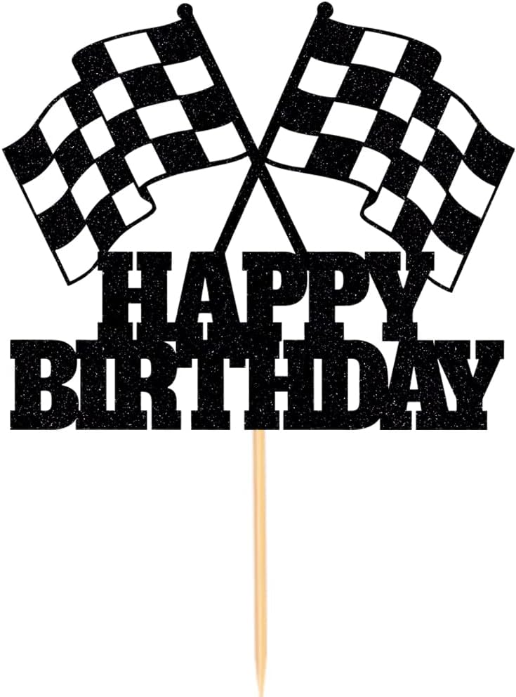 Race Car Cake Topper - Checkered Flag, Glitter, Happy Birthday Theme Cake Decor