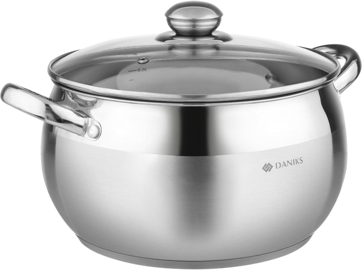 Daniks Classic Stainless Steel Stock Pot with Glass Lid – Induction 4 Quart, Dishwasher Safe, Measuring Scale, For Soup, Pasta, Stew, Silver